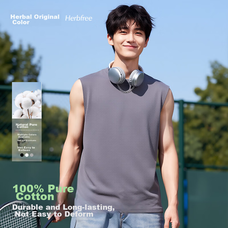 Herbal Original Pure Cotton Men's Summer Vest Loose Fit 100% Heavyweight Sleeveless T-Shirt Base White Basketball Sports Tank Top