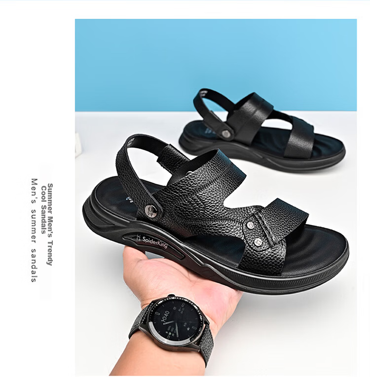 Spider King 2026 Summer New Men's Beach Sandals Genuine Leather Soft Sole Dual-Wear Slippers for Middle-aged and Elderly Dads Black Size 39 19