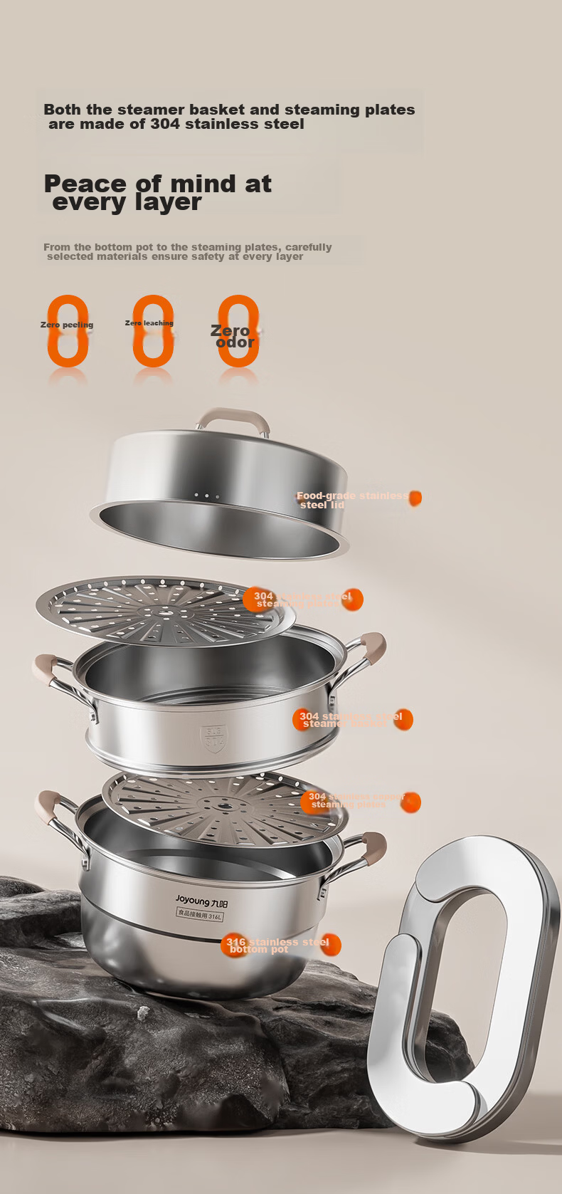 Joyoung 316L Stainless Steel Steamer Pot, Small Size for 2-3 People, Non-Coated Multifunctional Soup Steamer with High Dome Lid, Three Layers, 30cm 5