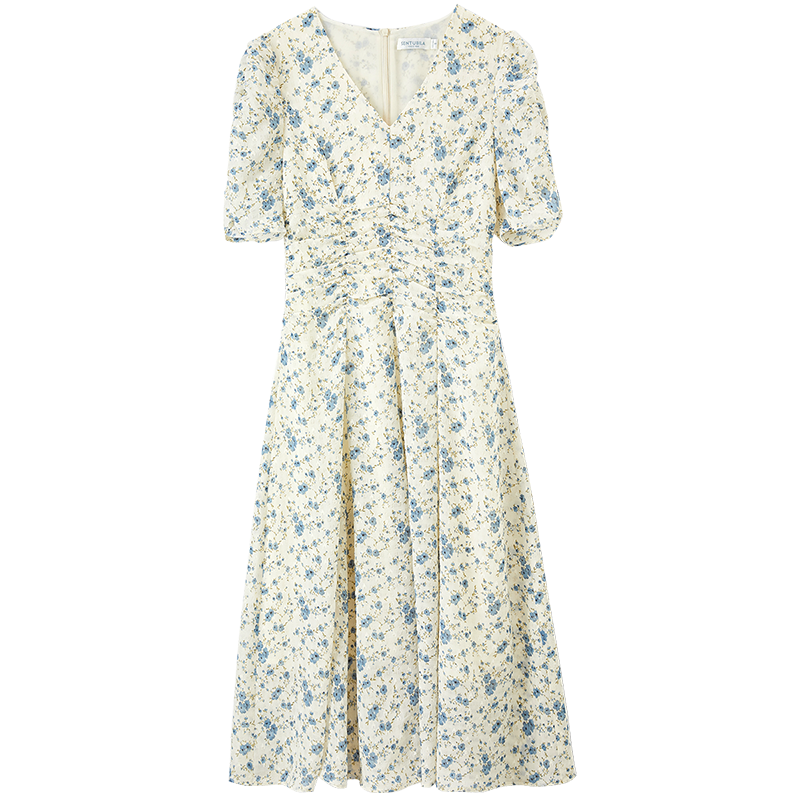 Sentubila Summer French Floral Print Dress, Puff Sleeve Tea Break Dress, Elegant Goddess Style Skirt, Apricot Base with Blue Flowers, M Size