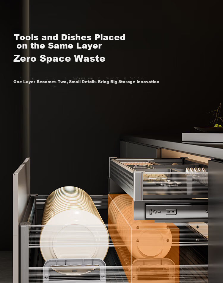 Kabe Three-Tier Kitchen Pull-Out Drawer Cabinet Space Aluminum Alloy Bowl Basket Built-in Dish Pot Chopsticks Storage Organizer 8