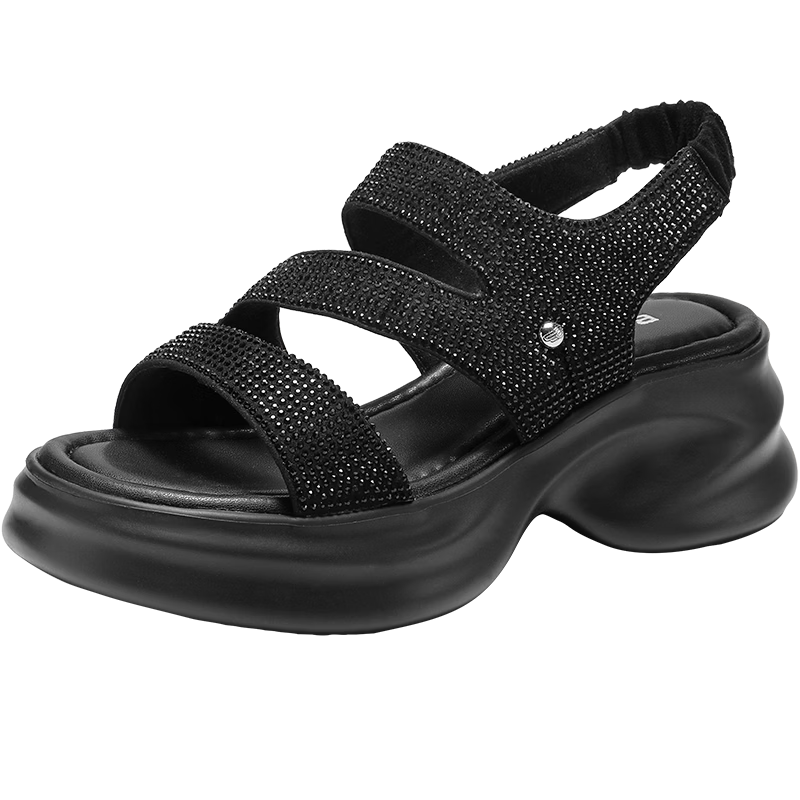 Belle Galaxy Sparkling Rhinestone Women's Sandals Summer 2026 Thick Sole Height Increasing Casual Sandals JD038BL6 Black Size 39
