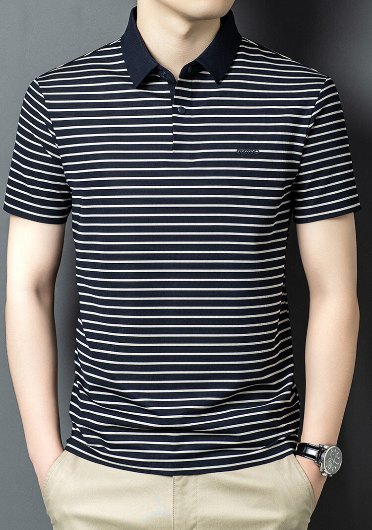 Edenbo Men's Short Sleeve Polo Shirt Spring Summer Striped Skin-Friendly Commuter Top Navy Blue 170/88A (L) 2