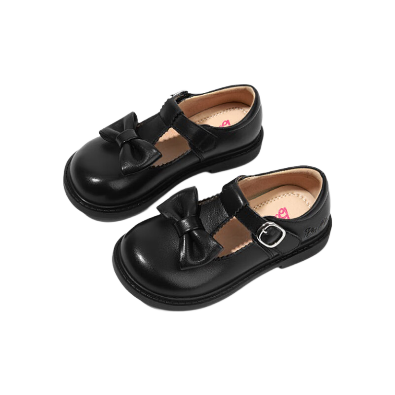 Barbie Girls' Leather Shoes, Spring And Autumn Soft-Soled Performance Princess Shoes, Student Black Leather Shoes DA6266, Black, Size 27