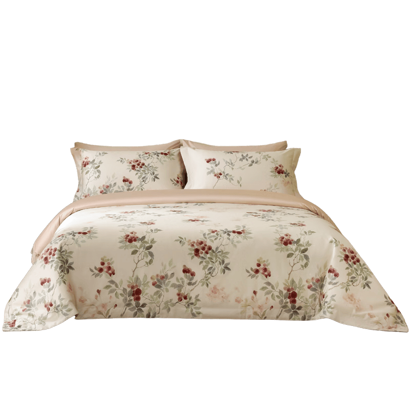 MIDO HOUSE Mingdu Bedding Four-Piece Set, 100% Pure Cotton Sateen Printed Bedding Set - Lychee Drunk, 1.8m Bed Sheet Style