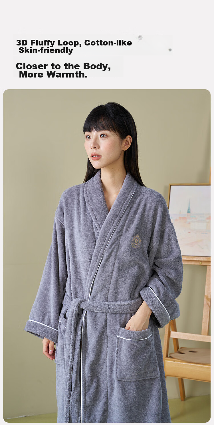 Sanli Five-Star Hotel Bathrobe, Pure Cotton, Absorbent And Quick-Drying, Adult Thin Home Bathrobe for Men And Women, Autumn And Winter Long Style Bath Towel, Gray, Size M 7