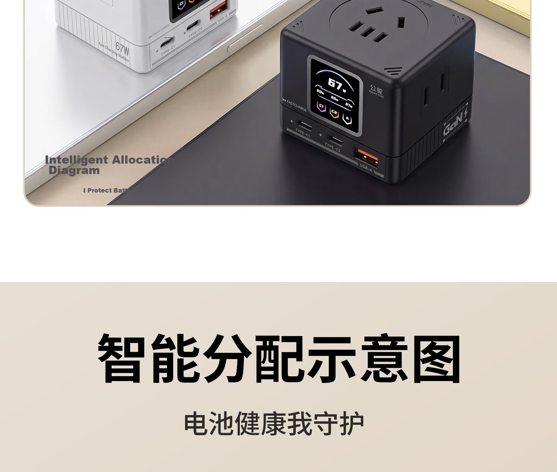 Gongshe 67W Desktop Charging Station Smart Digital Display Socket GaN Type-C Charger Compatible with Apple iPhone 17 iPhone 16 Fast Charging Gaming Power Strip Black Base Version 20