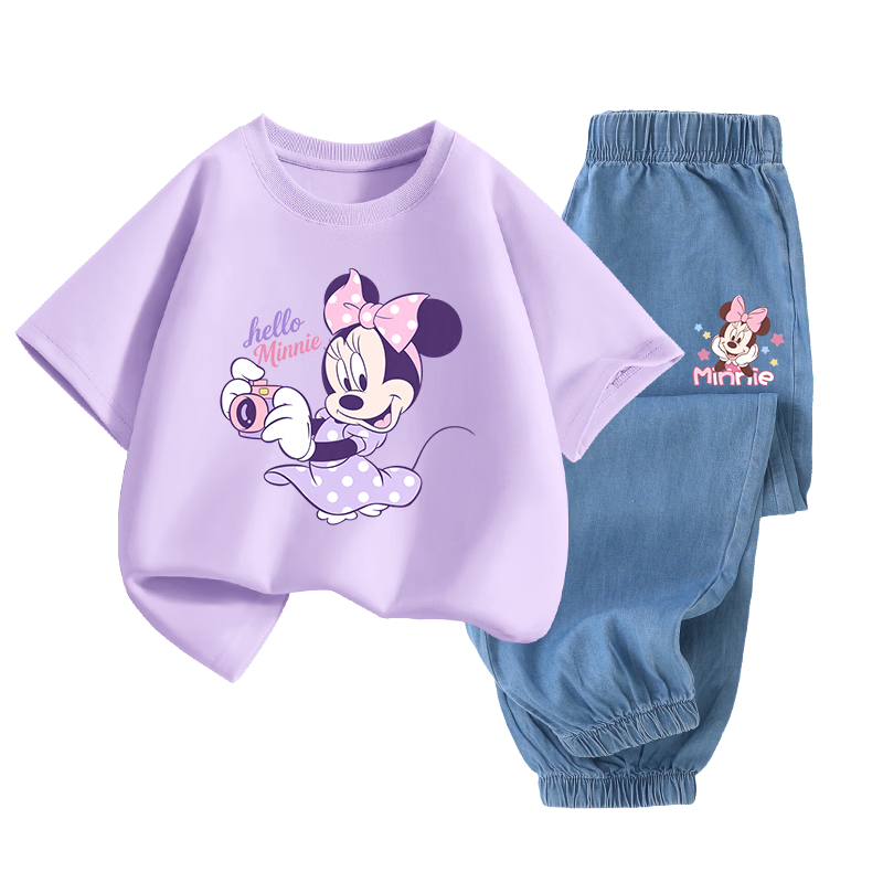 Disney Kids Set Boys and Girls Short Sleeve Tencel Denim Mosquito-Proof Pants Disney T Purple + Disney K Dark Blue 150