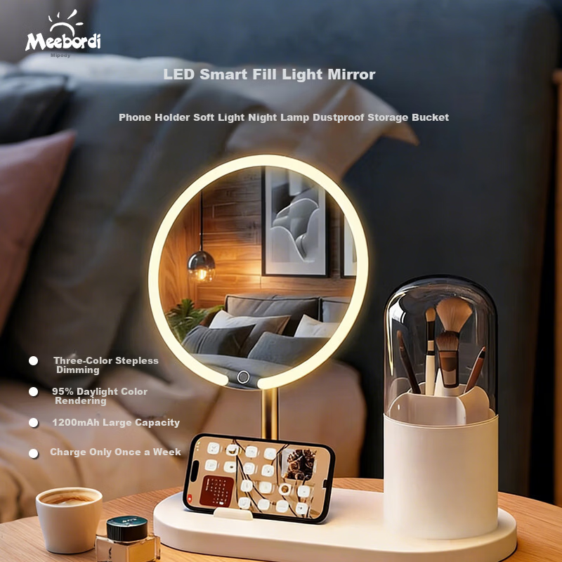Meebordi LED Lighted Makeup Mirror Desktop Vanity Mirror with Phone Holder and Brush Holder Upgraded Version Birthday Gift