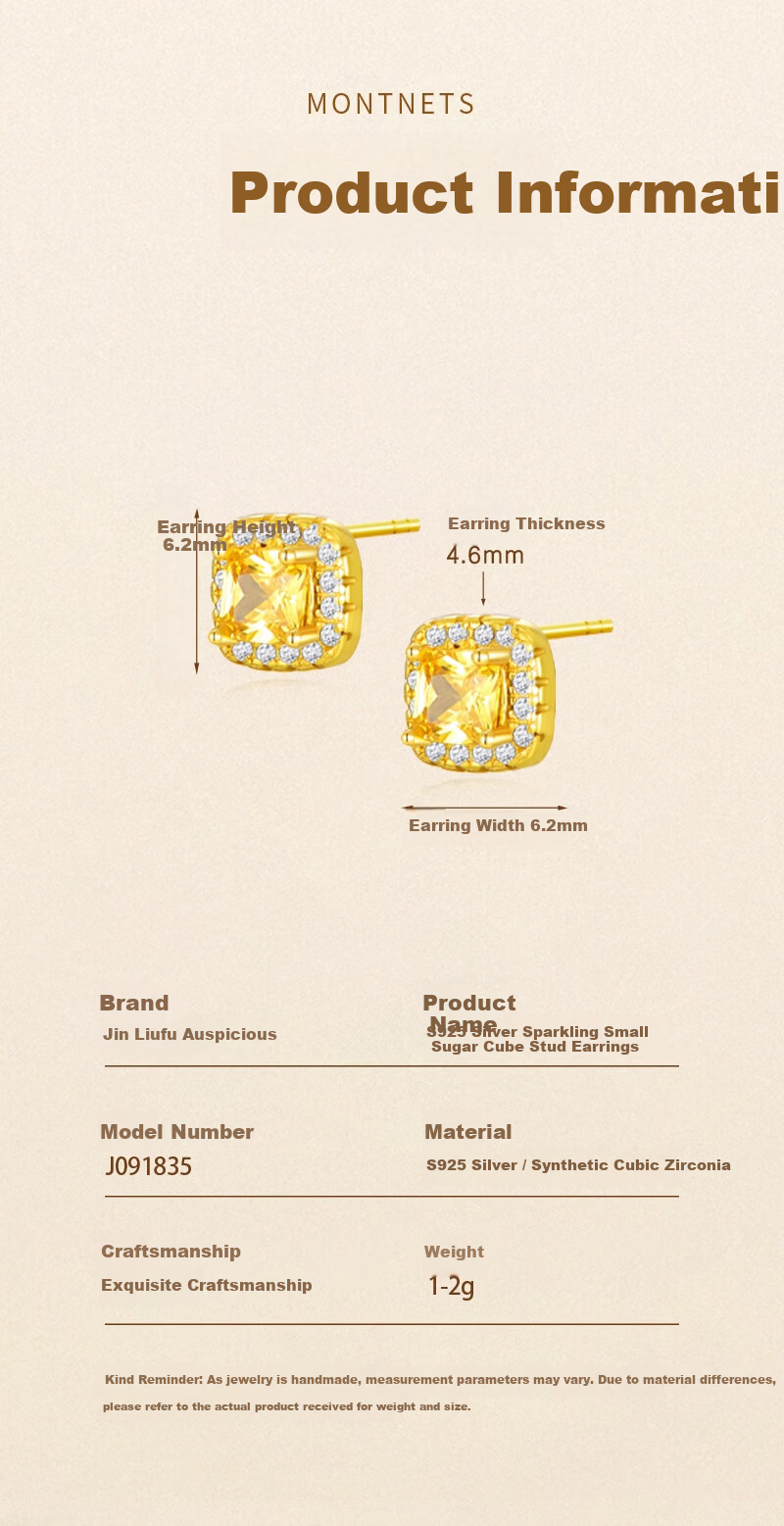Jinliufu Auspicious S925 Sterling Silver Stud Earrings Women's Sparkling Small Square Sugar High-End Jewelry Gift for Girlfriend 2