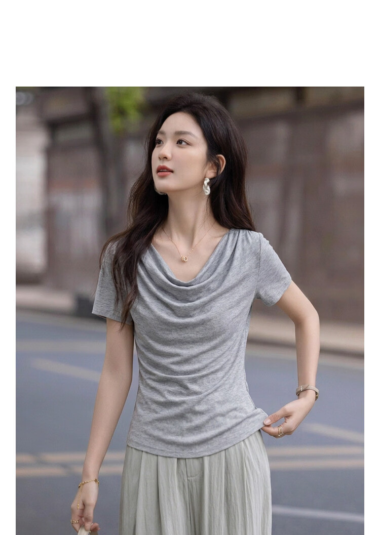 Demana [With Wool and Lyocell] Summer Elegant Draped Collar Soft Stretch Slim Fit Versatile Women's T-Shirt 11