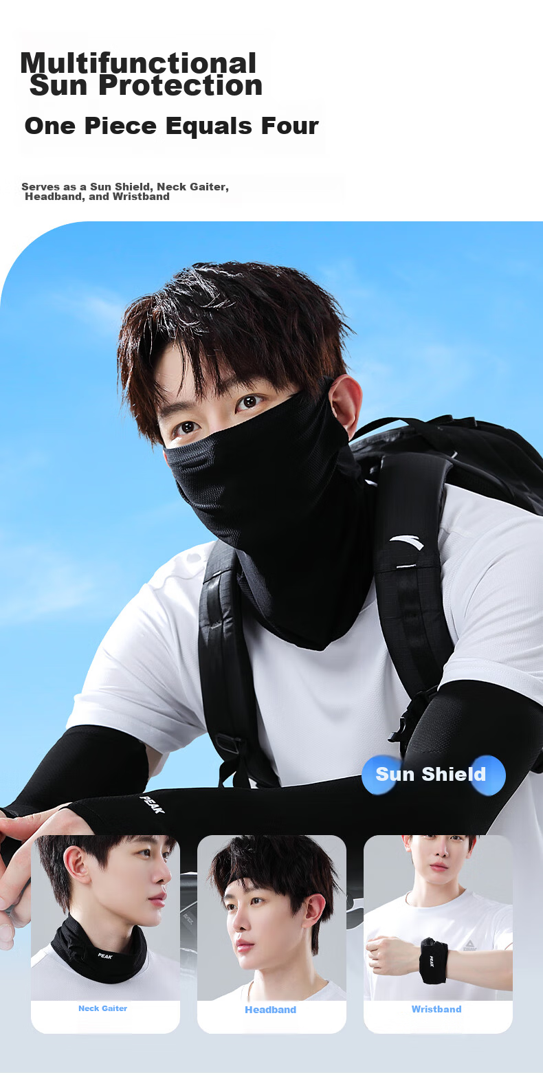 PEAK Sun Protection Face Mask Ear-Hook Cycling Ice Silk Scarf Mask Neck Gaiter Windproof Dustproof Mountaineering Gear Black 6