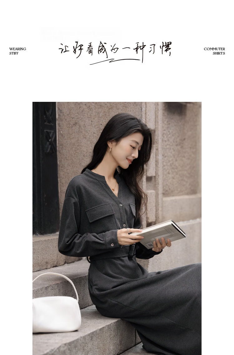 Demana [with Hyaluronic Acid] Spring Urban Commuter V-Neck Half-Placket Pocket Drop Shoulder Loose Women's Knit Dress 10