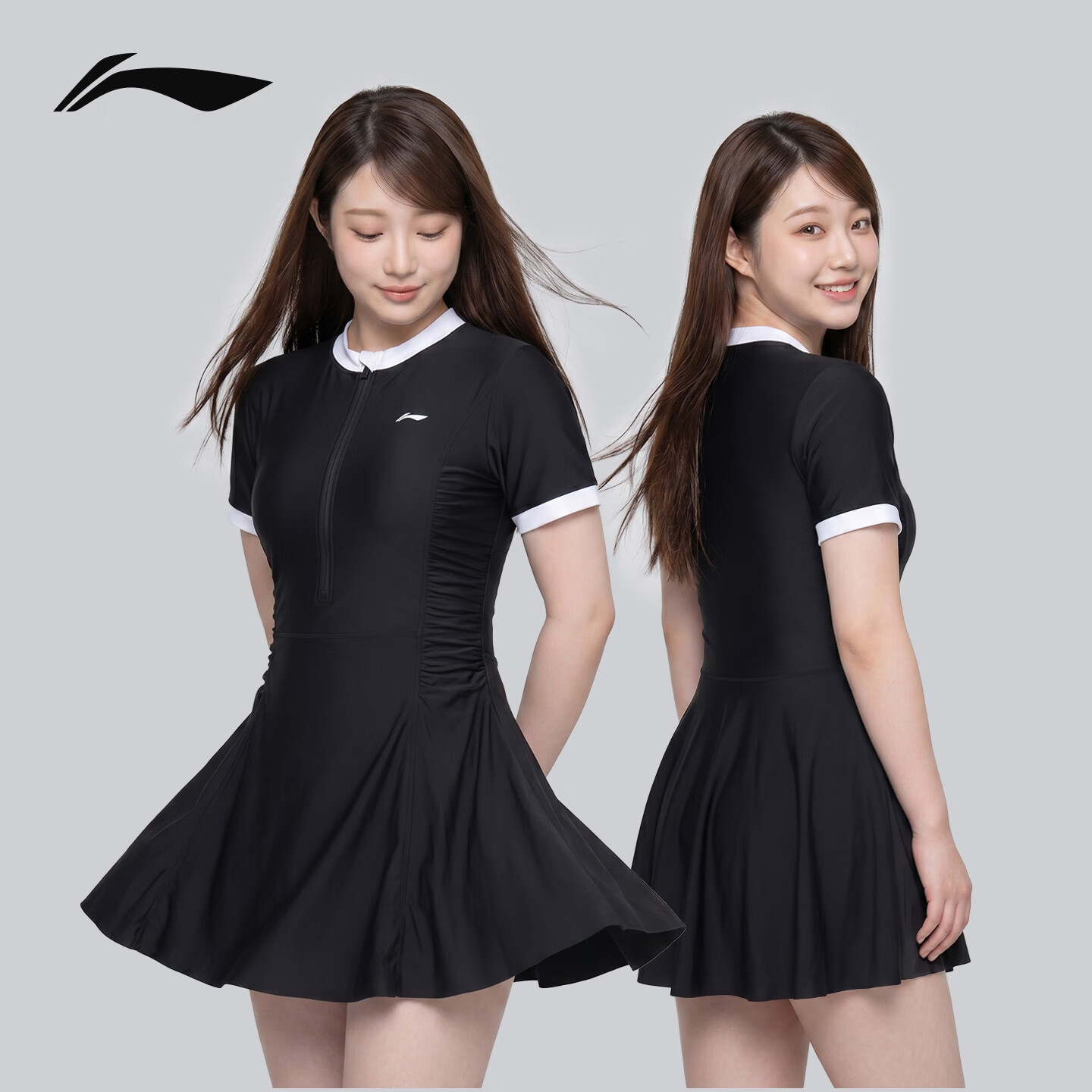 LI-NING Women's One-Piece Skirted Swimsuit Conservative Plus Size Tummy Control Spa Swimwear 1501 Black 3XL