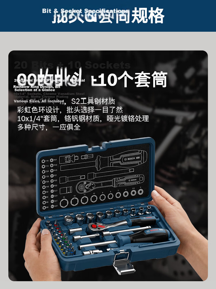 BOSCH Motorcycle Repair Tool Kit Portable Durable Ratchet Socket Wrench Set 37 Pieces 8