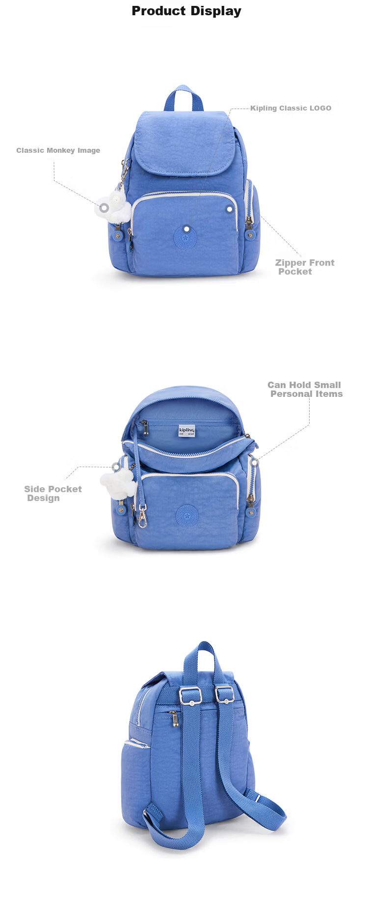 Kipling 2026 Large Capacity Backpack Cocktail Blue CITY ZIP MINI Birthday Gift 3