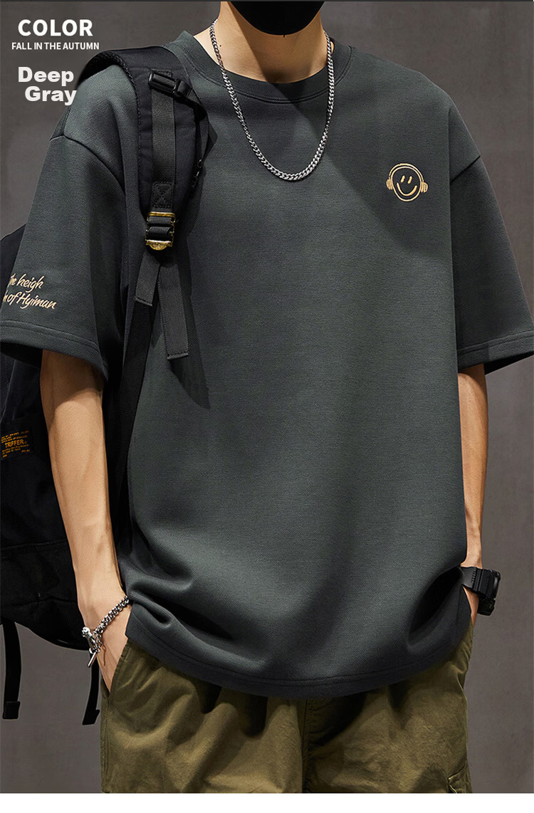 Pierre Cardin Men's Short Sleeve T-Shirt Summer Trendy Smiley Embroidery Loose Fit Crew Neck Heavyweight Cotton Top Dark Gray M 10