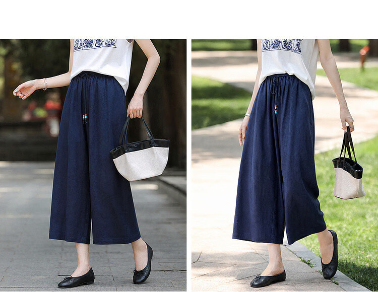 Demana [100 Lyocell] Summer Lightweight Nine-Point Tapered Beaded Drawstring Elastic Waist Petite Women's Casual Pants 15