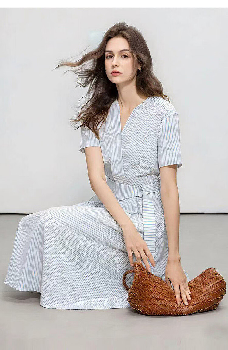 Demana Lightweight Cloud Oxygen Cotton Summer Simple Commuter V-Neck Striped Waist Belt Tie Waist A-Line Women's Dress 15