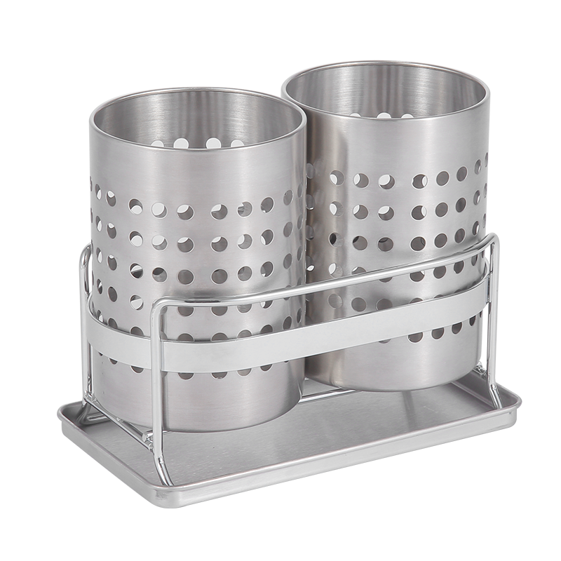 Ourunzhe Chopstick Holder, Stainless Steel Double-Tube Chopstick Storage Rack with Tray, Kitchen Draining Organizer, Chopstick Cage