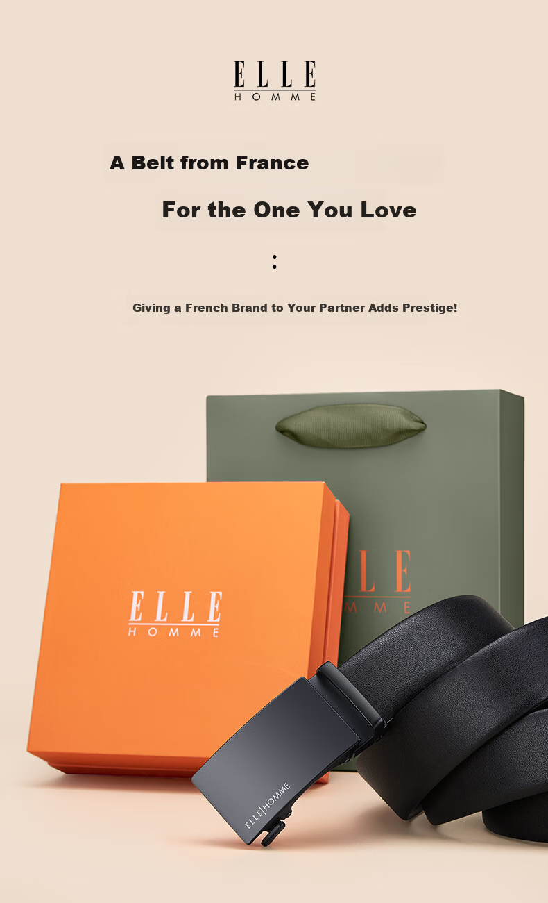 ELLE HOMME French Brand Men's Genuine Leather Automatic Buckle Belt Cowhide Waistband Gift Box Birthday Gift for Husband Father's Day 2