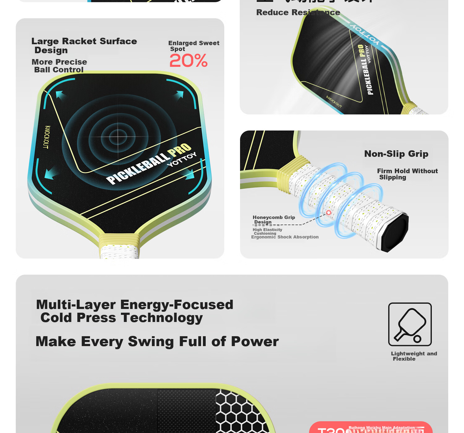 Yottoy Pickleball Paddle Set Carbon Fiber Professional Training Competition Neon+Phantom Flame 4
