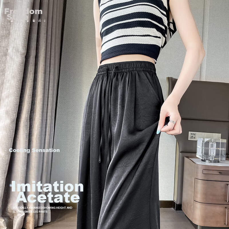 Free Style Acetate Satin Wide-Leg Pants for Women Summer Thin High Waist Draped Sun-Proof Ice Silk White Straight Casual Trousers 2026