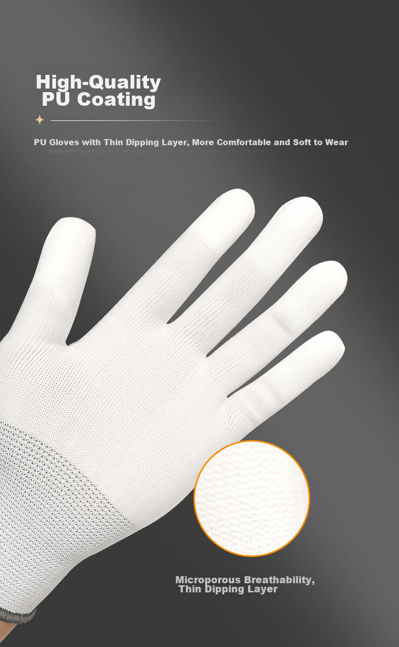 AMS PU Nylon Coated Palm Gloves, Lightweight Summer Work Gloves, White, Wear-Resistant, Anti-Slip, Breathable, Unisex, Medium Size, 12 Pairs 6