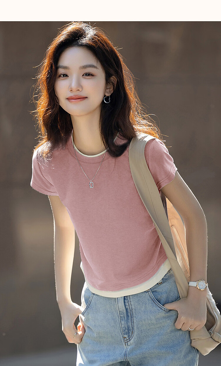 Demana [with Lyocell] Summer Elegant Colorblock Crew Neck Short Sleeve Slim Fit T-Shirt for Petite Women 33