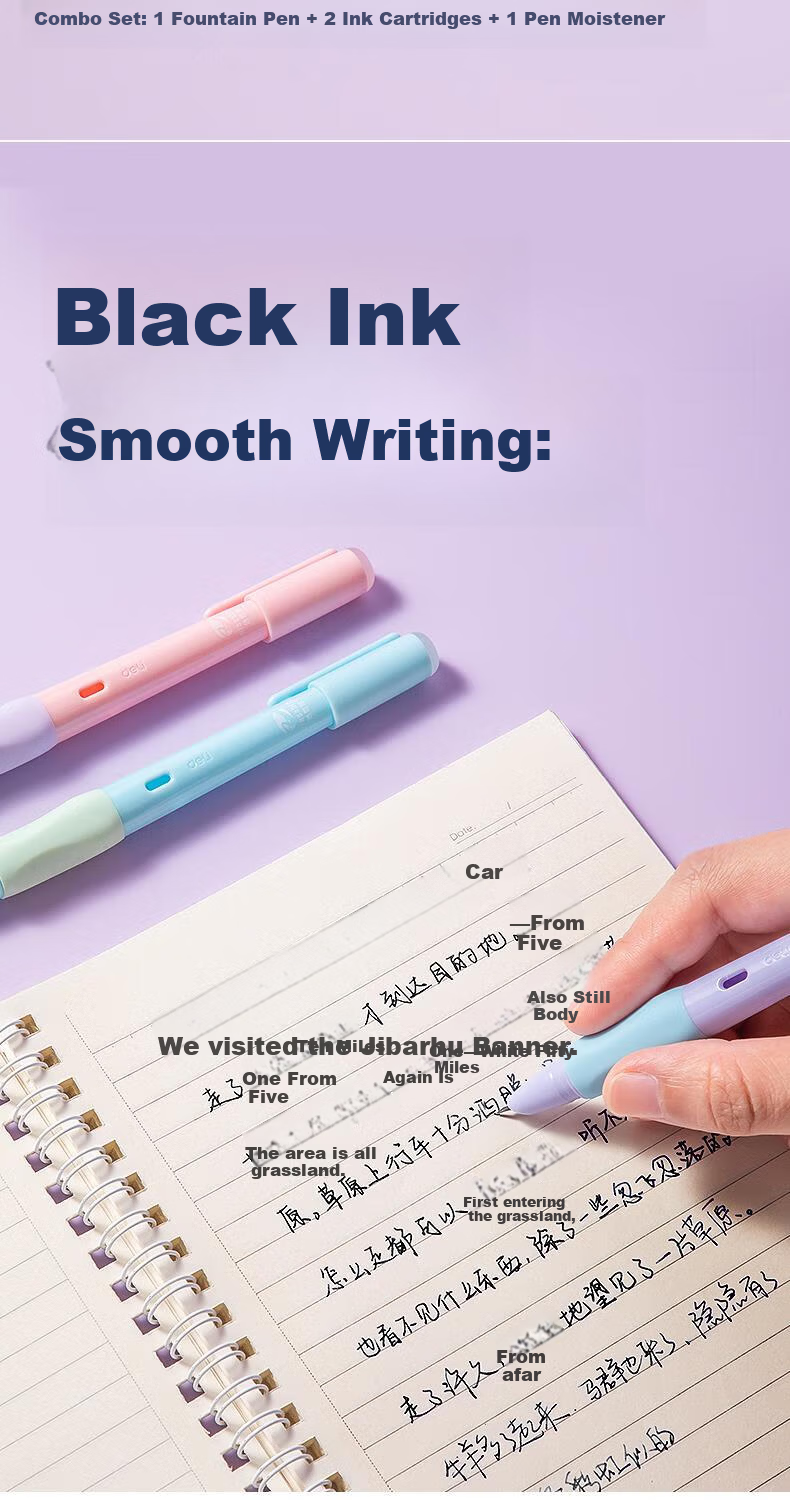 Deli Erasable Soft Grip Silicone Case Student Calligraphy Fountain Pen F Nib (1 Pen, 2 Black Ink Cartridges, 1 Pen Conditioner) SF552 F Nib (Approx. 0.5mm) Random Color 2