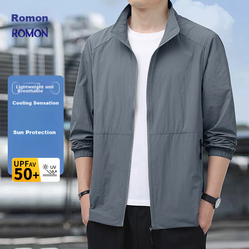 ROMON Men's Summer Sunscreen Jacket Ice Silk Lightweight Skin Jacket Outdoor Fishing Casual Coat 2518 Dark Gray L
