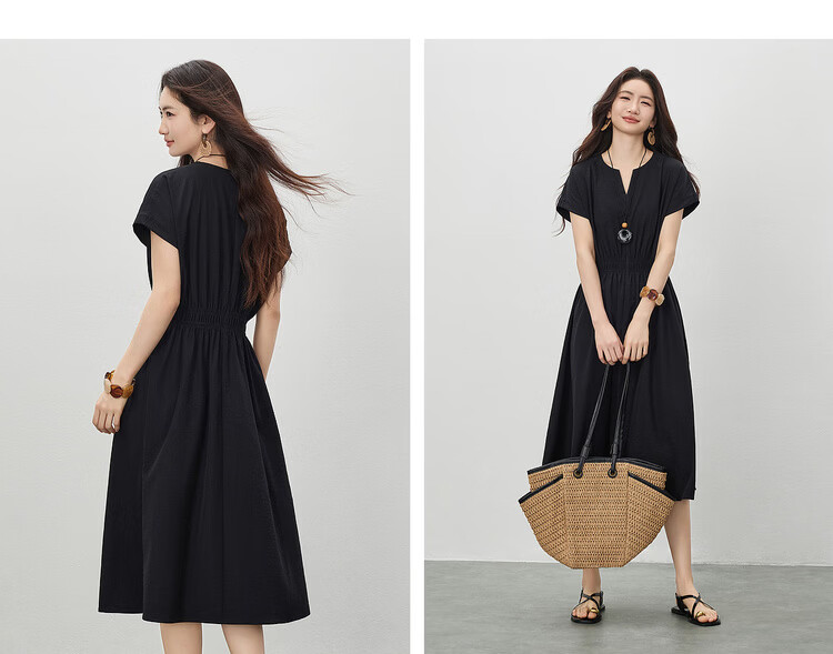 Shangdu Bila Elegant Round V-Neck Korean Style Summer Dress for Women Pear-Shaped Slimming A-Line Dress with Raglan Sleeves Casual Long Dress 13