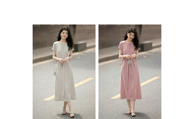 Demana Natural Linen Summer Elegant Round Neck Fabric Belt Loose Petite Mid-Length Dress for Women 6