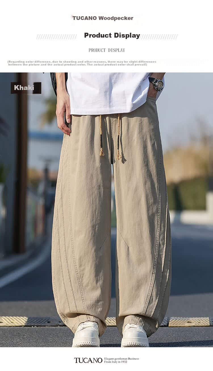 TUCANO Men's Summer Casual Pants Thin Loose Wide-Leg Curved Blade Cargo Pants Trendy Versatile Khaki M 3