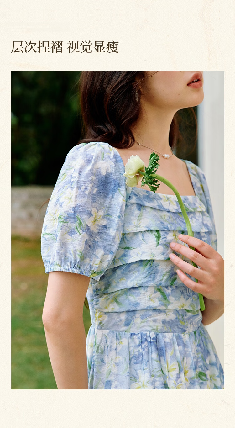 Inman Vacation Style Seaside Print Dress Summer Women's Square Neck Puff Sleeve Waist Cinched Long Dress Glaze Blue S 7