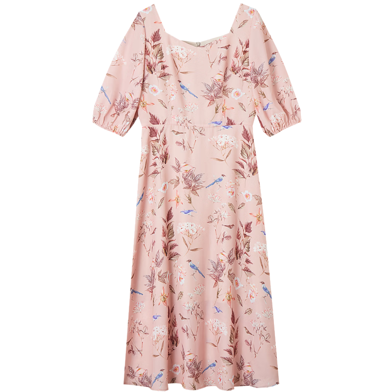 Demana "Bouquet-like Love" Spring and Autumn French Style Atmosphere Square Neck Five-Sleeve High-Waist Printed Long Dress for Women