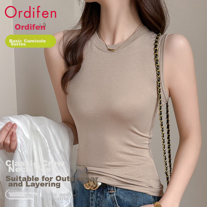 Audifine Women's Camisole Tank Top Wide Strap Sleeveless T-Shirt Spring Summer Khaki L