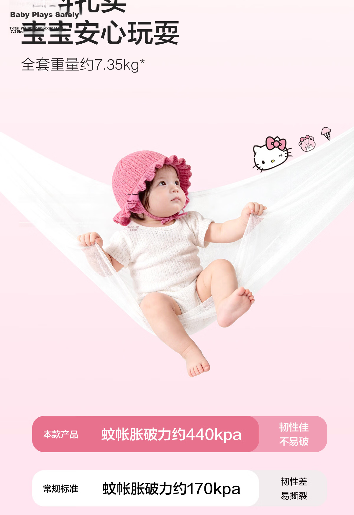 MERCURY Kids Cute Heart KT Baby Anti-Fall Mosquito Net 1.8x2m Home Use 180cm×200cm×170cm Thickened Frame 7