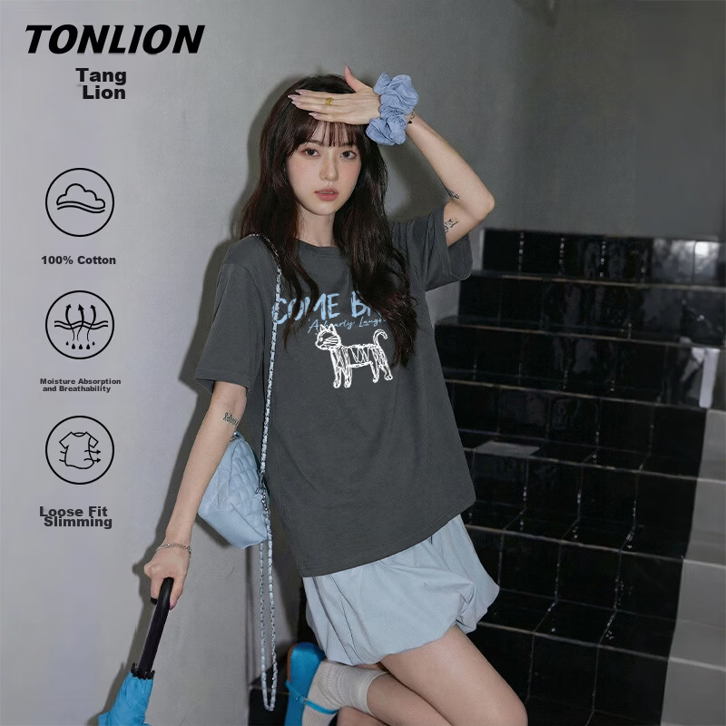 TonLion Women's Pure Cotton Short Sleeve Summer New Round Neck Loose T-Shirt Trendy Cartoon Anime Design Top