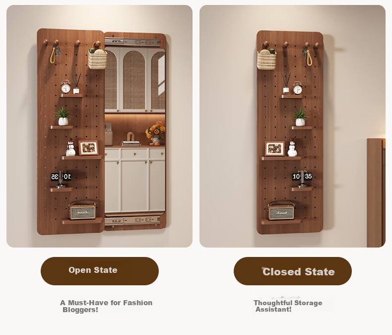 Qiyinge Solid Wood Pegboard Dressing Mirror Integrated Hidden Sliding Concealed Entryway Wall-Mounted Home Fitting Mirror 5