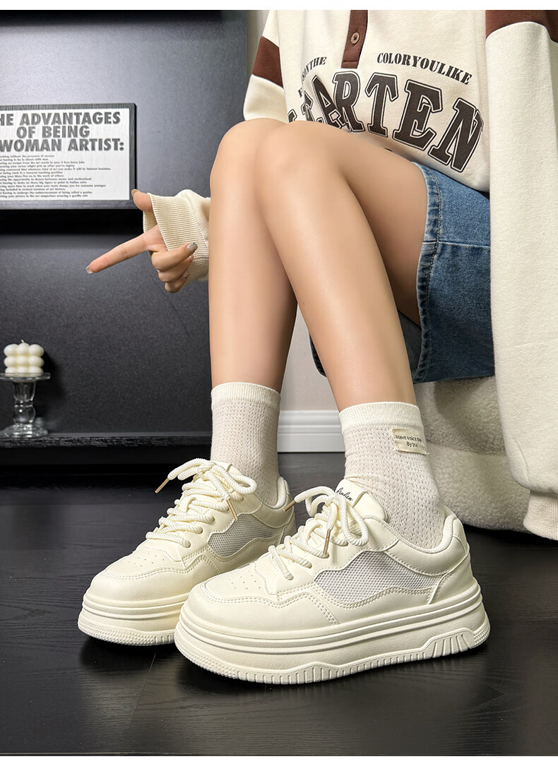 Renben Official Women's Summer Casual Shoes Mesh Breathable Sneakers Versatile White Shoes Beige Size 37 9