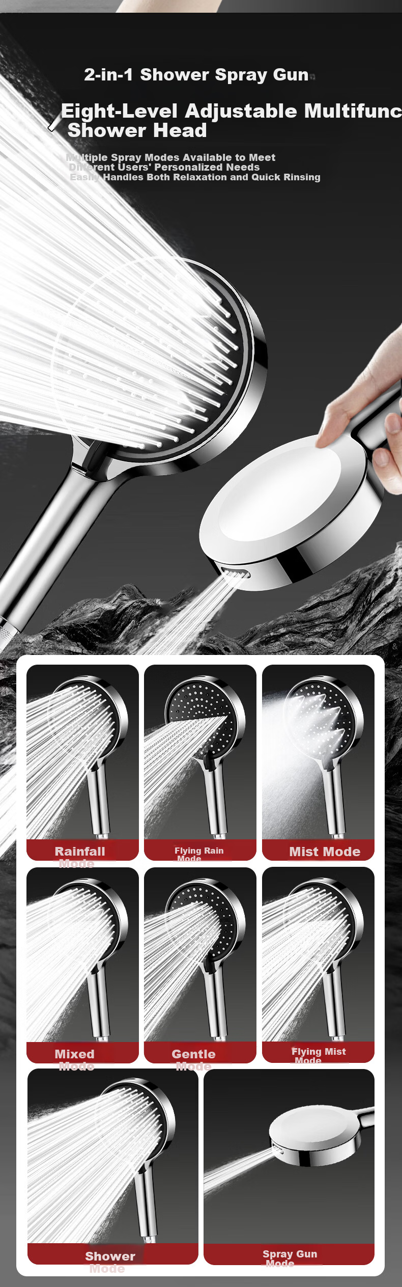 MUGE High Pressure Shower Head Powerful Water Flow Universal Single Head Handheld Bathroom Shower Sprayer 7
