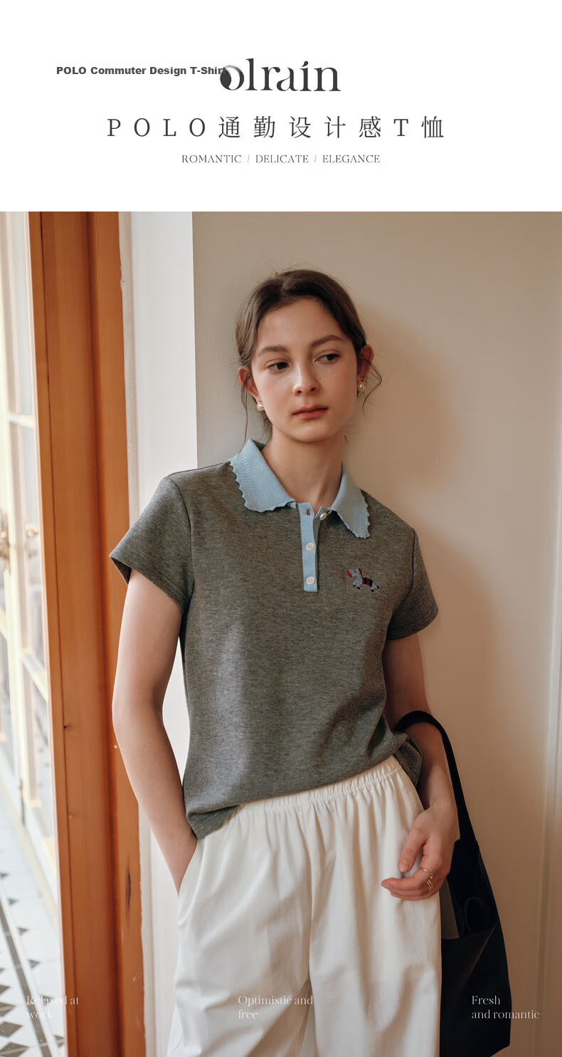 Olrain Colorblock Wave Edge Polo Collar Design T-Shirt Women Summer Short Sleeve Top Gray XL 1