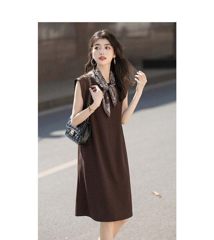 Demana Silent Breath Summer Elegant Urban Sleeveless Mid-Length Dress with Scarf and Pleated Round Neck Splicing 13
