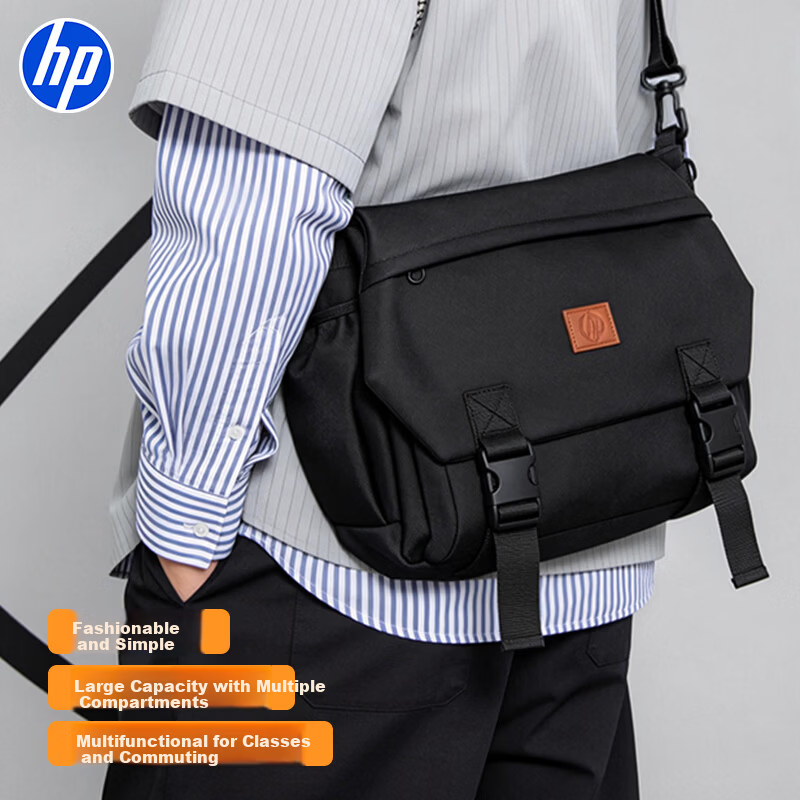 HP Men's Casual Large Capacity Magnetic Buckle Crossbody Shoulder Messenger Bag Black