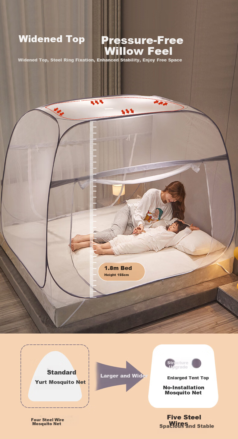 Tongyan No-Installation Mongolian Yurt Anti-Fall Mosquito Net Class A Bed Canopy Home Baby Toddler Bed Rail Full Coverage Double Door 1.8m 6