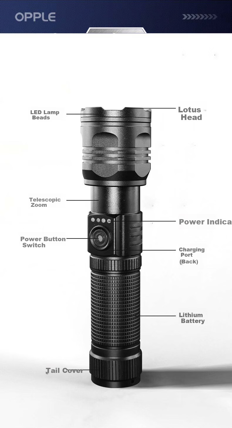 OPPLE LED High-Power Flashlight Zoomable Ultra-Bright Long-Range Laser Tactical Outdoor Cycling Military Portable Lamp 19W-18000K 43*156mm 5