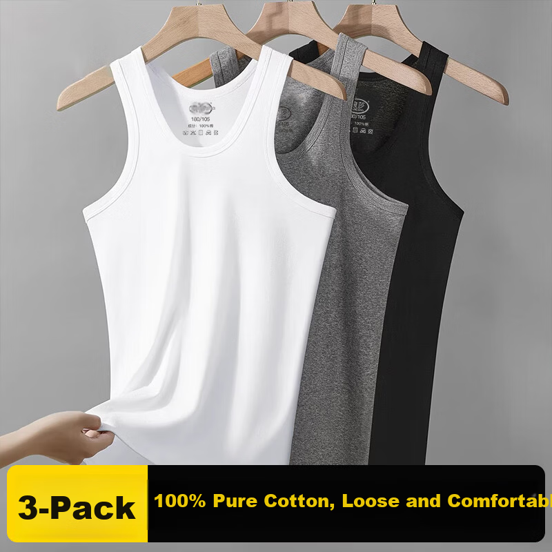 Langsha 3-Pack Men's Cotton Vests Summer Plus Size Sweat-Absorbing Undershirts for Middle-Aged and Elderly