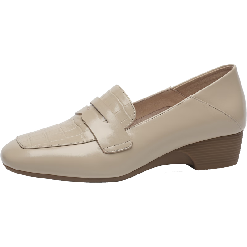 Goldlion Women's Wedge Loafers, Fashionable Leather Shoes, Deep-Mouthed Square-Toe Slip-On Flats G661310122 Apricot Color Size 38