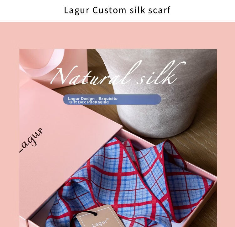 Lagur Tranquil Blue Plaid 100% Mulberry Silk Scarf Long Triangle Diamond Vintage Headband for Women Tranquil Blue 10